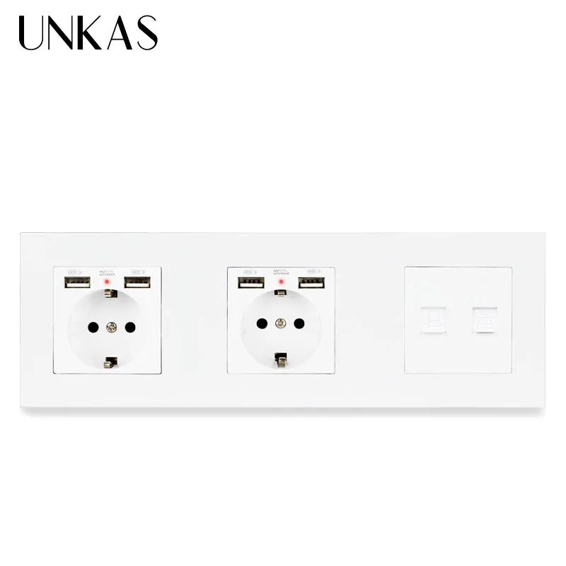 Пластиковая панель UNKAS двойная розетка европейского стандарта 4 USB порта для