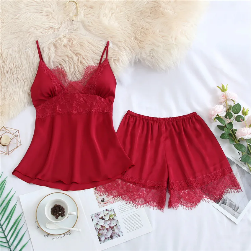 

2020 New Style Imitated Silk Pajamas Women's Summer Satin Sexy Camisole Pajamas Two-Piece Set Women's Home Wear