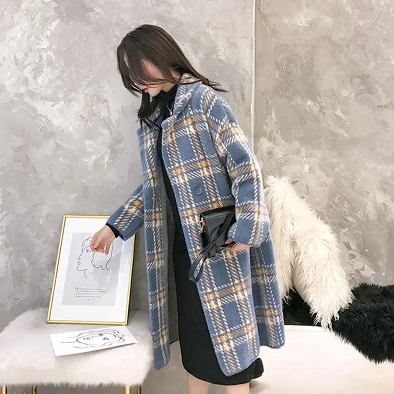 Winter Faux Mink Fur Plaid Knit Coat Jacket Outwear Women Warm Long Knitted Cardigan |