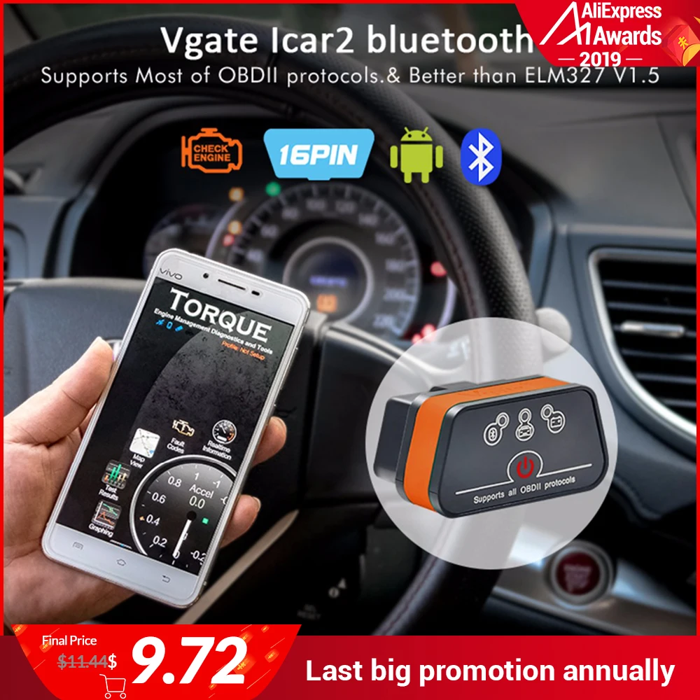 Vgate iCar2 Bluetooth ELM327 V2.1 читатель кода OBD2 сканер elm 327 Икар 2 диагностический инструмент для Android/ПК крутящий момент