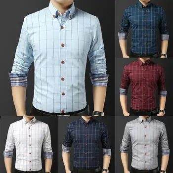 

Chic Men Shirts Plaid Print Lapel Button Long Sleeve Business Shirt Blouse Top Men's Clothes