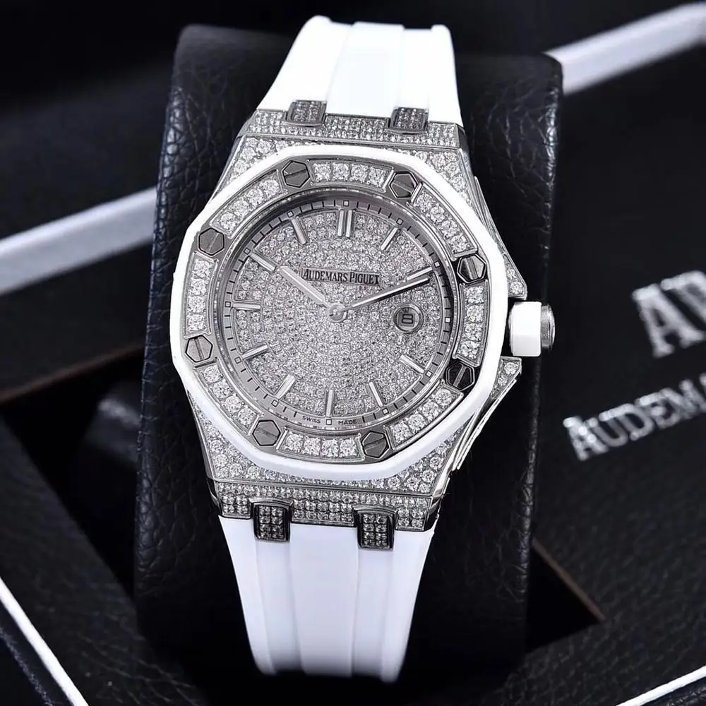 

Iced out Silver Luxury Brand AP Men & Women Automatic Full diamonds Watch with Box White Rubber strap Royal-Oaks