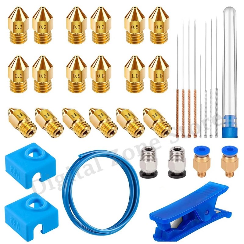 

3D Printer Parts Kit - MK8 Nozzles & Cleanning Needles & Heater Block Silicone Cover & 1M PTFE Tube, M6 M10 Pneumatic Fittings