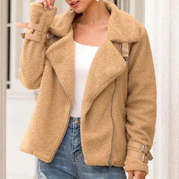

Fashion Lady Solid Color Lapel Long Sleeve Motorcycle Jacket Woolen Coat Outwear Casual Faux Leather and Polyester Women Jacket