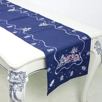 

Christmas Fairytale Forest Printed Embroidery Cotton Table Runner Machine Washable Single Layer Snowflakes Sparkle Runner Hot