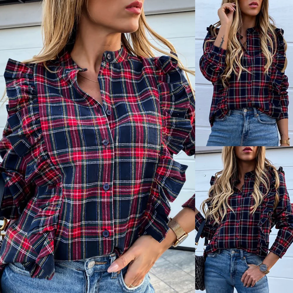  Spring New Ruffle Plaid Blouses Women Casual Vintage Long Sleeve Button Down Shirts Office Ladies G