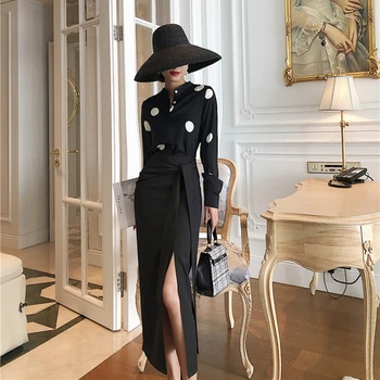 

Elegant Spring Black Office Lady Skirt 2 Piece Set Women Bodycon Polka Dot Slim Women Fashion Vestido Suits Two-piece Ka403