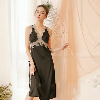 

Sexy ice silk deep V-neck long section open-cut dress backless female summer lace pajamas nightdress set