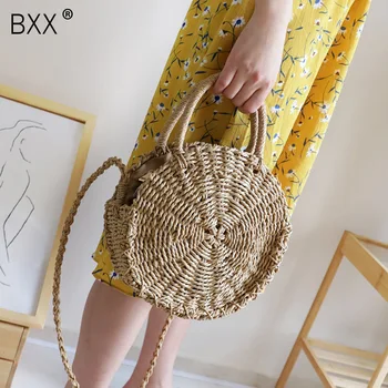 

[BXX] Handmade Rattan Woven Round Handbag Vintage Straw Rope Knitted Shoulder Messenger Bag 2020 Lady Summer Beach Bags HK631
