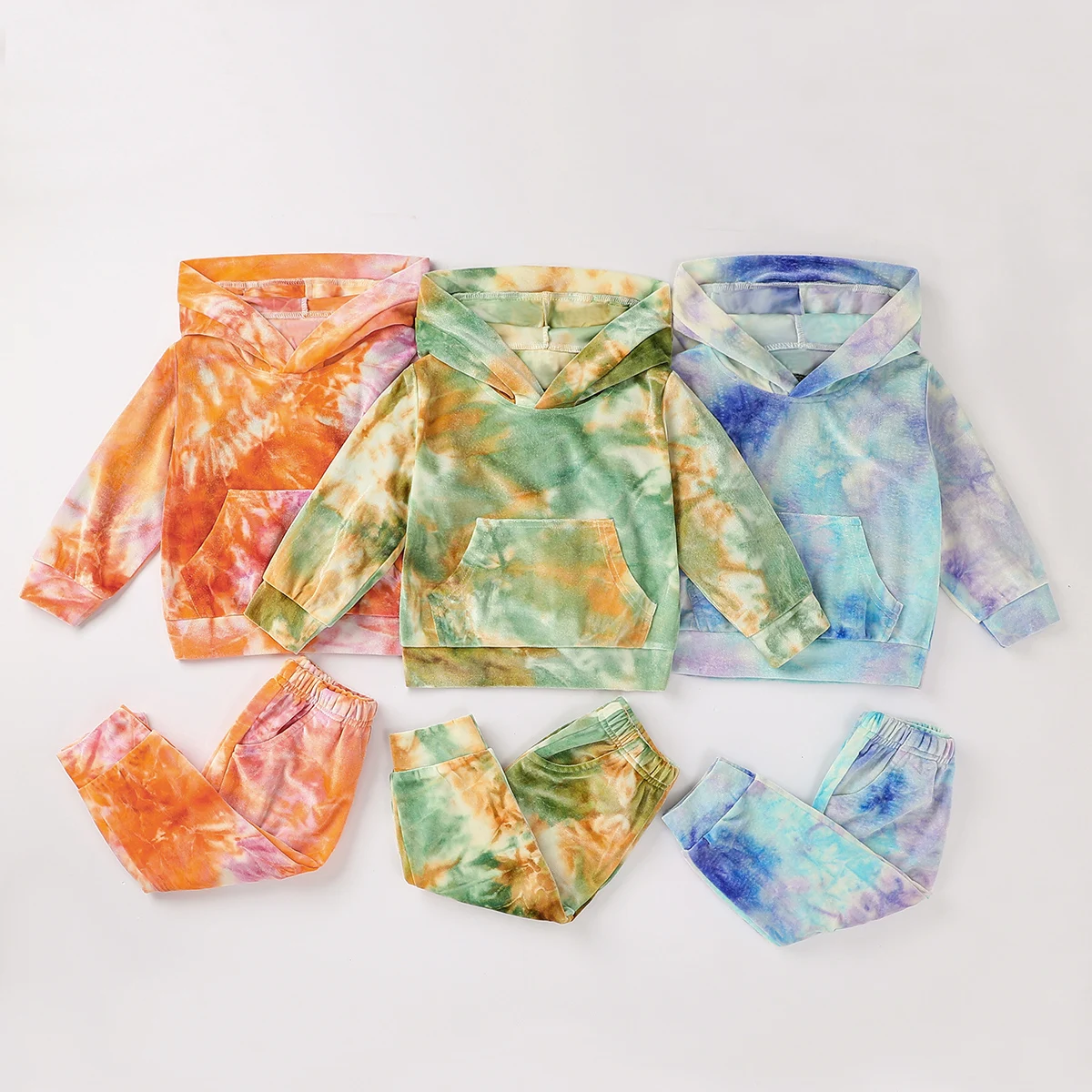 Infant Spring Autumn Sets 2 Pieces Baby Girl Boy Suit Set Tie-Dye Velvet Long Sleeve Hooded Top and Trousers Green/Orange/Blue | Детская