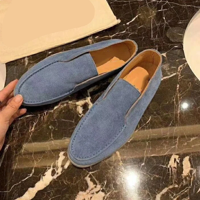 denim blue Повседневная мужская обувь из замши; удобная обувь из натуральной кожи на плоской подошве; Мужская обувь года высокого качества с круглым носком; Лоферы без застежки - Цвет: denim blue