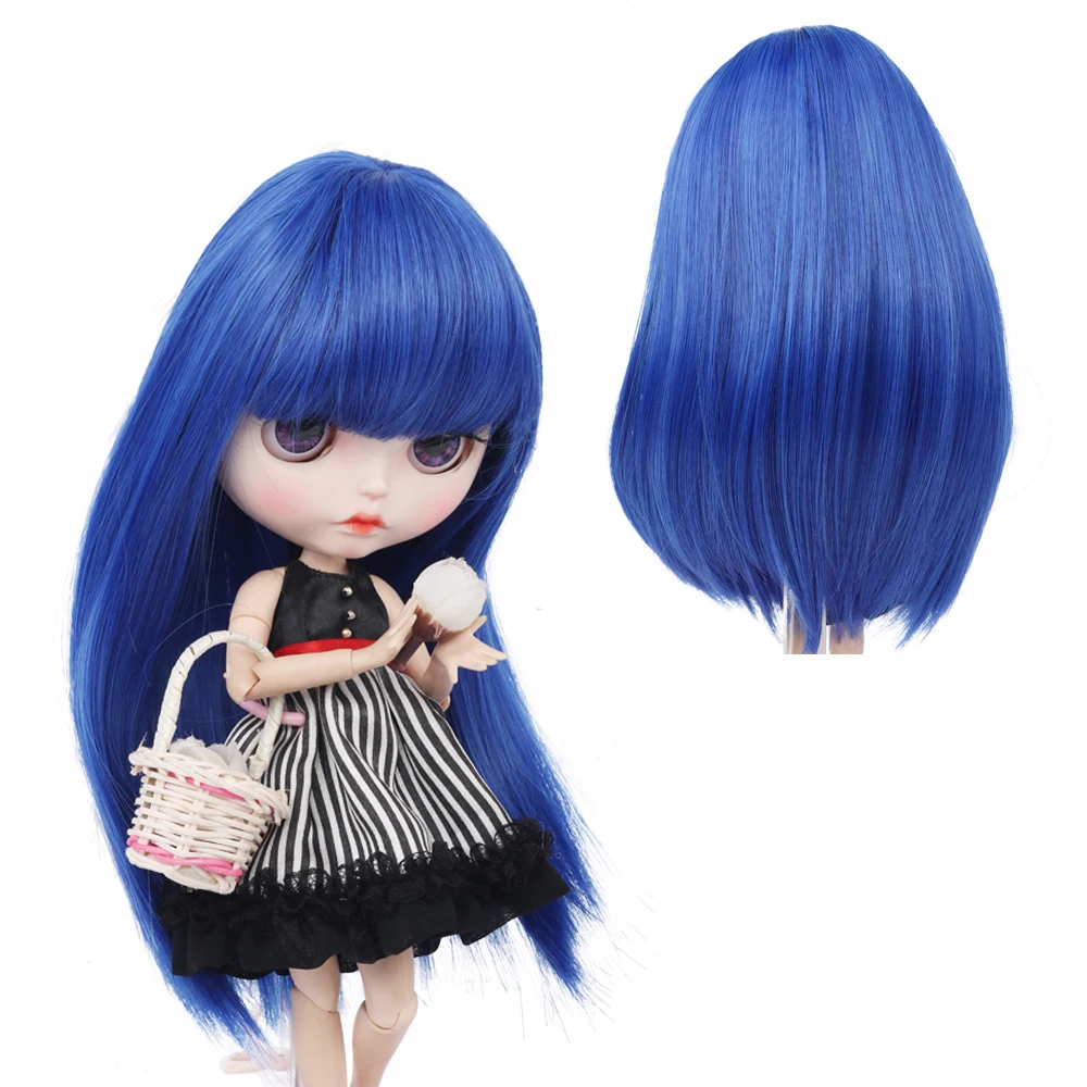 MUZIWIG Blyth Doll Hair Wig Blue Long Bangs Straight Hair DIY Dolls Accessories High Temperature Fiber Doll Wig For Girl DIY long water wave none lace ginger orange high temperature wigs for women afro cosplay party daily synthetic hair wigs with bangs