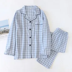 Japanese Spring and Autumn Men's New Cotton Lapel Long-sleeved Trousers Simple Plaid Home Pajama Set Plus Sizemen Pajamas