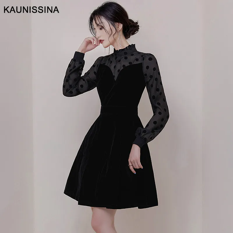 KAUNISSINA Элегантное коктейльное платье в горошек, бархатное, лоскутное, черное, вечерние платье с длинным рукавом, с высоким воротом, торжественное, банкетное платье, Vestido