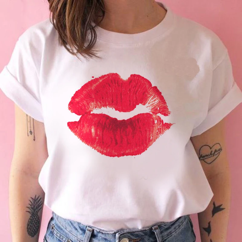 Women's Wreath T-shirt Close up lipstick clothes ladies short sleeve Kawaii Tees top graphic T-shirt printing T-shirt female