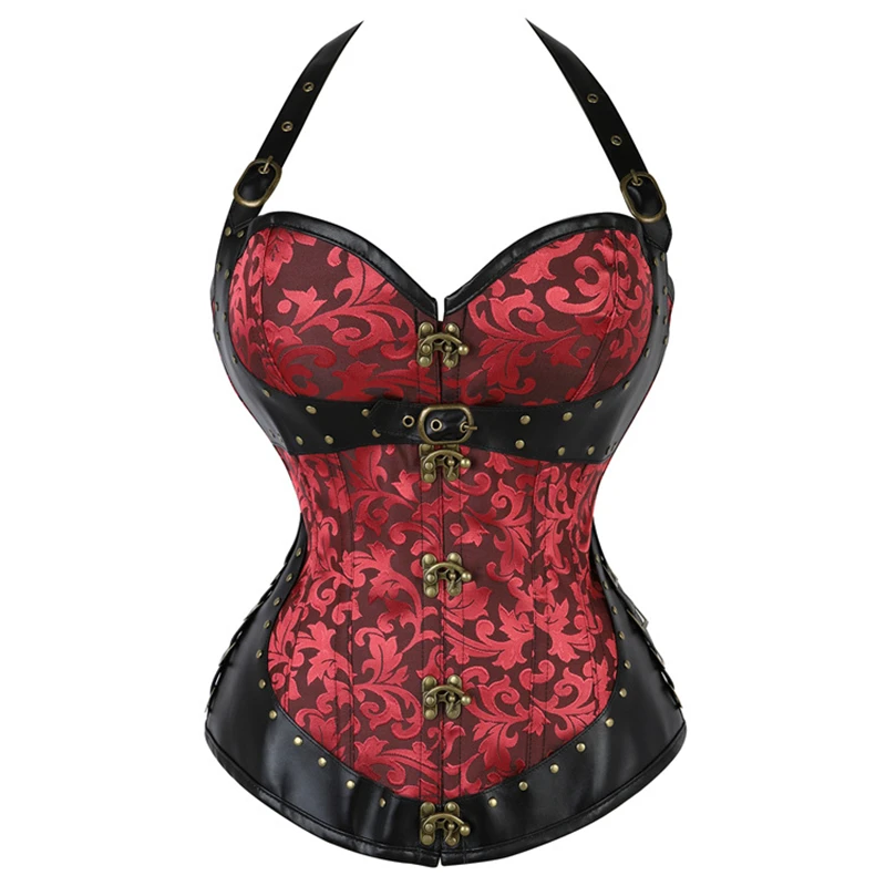 

Steampunk Corset Top Women Sexy Halterneck Bustier Gothic Corselet Overbust Leather Corsets Waist Trainer Plus Size Steel Boned