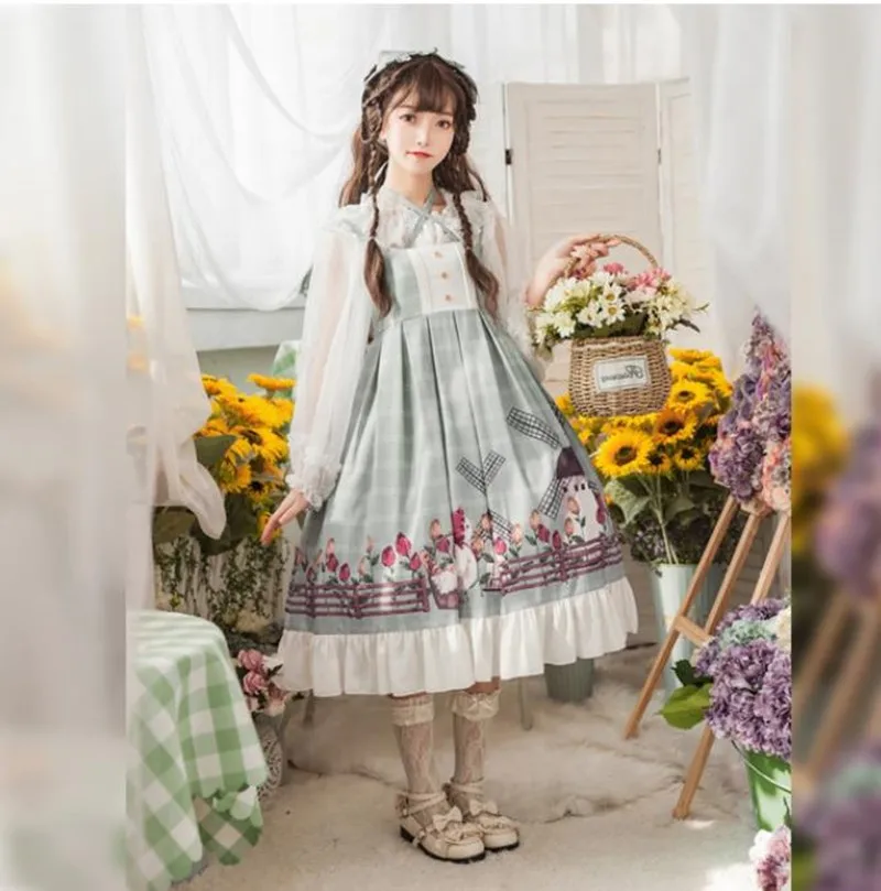 

Pastoral style sweet lolita dress retro falbala high waist cute printing victorian dress kawaii girl gothic lolita jsk loli cos