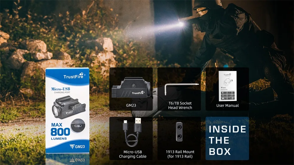 TrustFire Tactical Pistol Light 800Lumen Led Hunting Flashlight USB Rechargeable