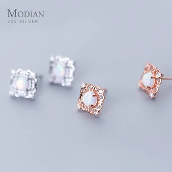 

Modian Trendy 925 Sterling Silver White Starlight Opal Photo Frame Pattern Stud Earring for Women Wedding Ear Pin Fine Jewelry