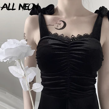 

ALLNeon Gothic Spaghetti Strap Velvet Dresses E-girl Square Neck Ruched Front with Lace Backless Bandage Dress Vintage Mujer
