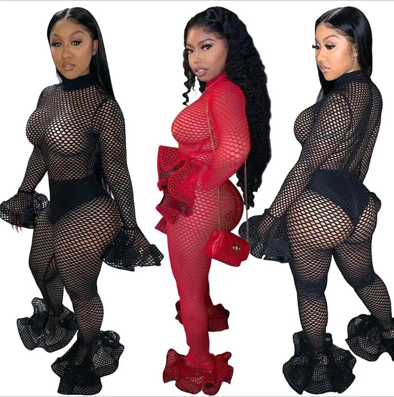

Autumn Flare Sleeve Hollow Out Rompers See Through mesh Jumpsuit One Piece Long Sleeve Ruffles Playsuits Fishnet Beach Overalls
