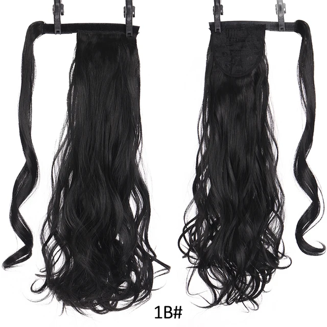 DIANQI Synthetic Corn Wavy Long Curly Ponytail Hairpiece Wrap on Clip Hair Extensions Black Pony Hair 1B