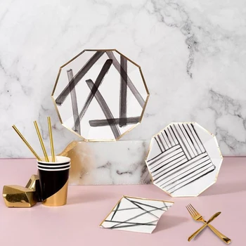 

8Sets Foil Gold Striped Tableware Brush Paper Plates Black and White Dishes Cups Napkins Birthday Wedding shower Party Decor