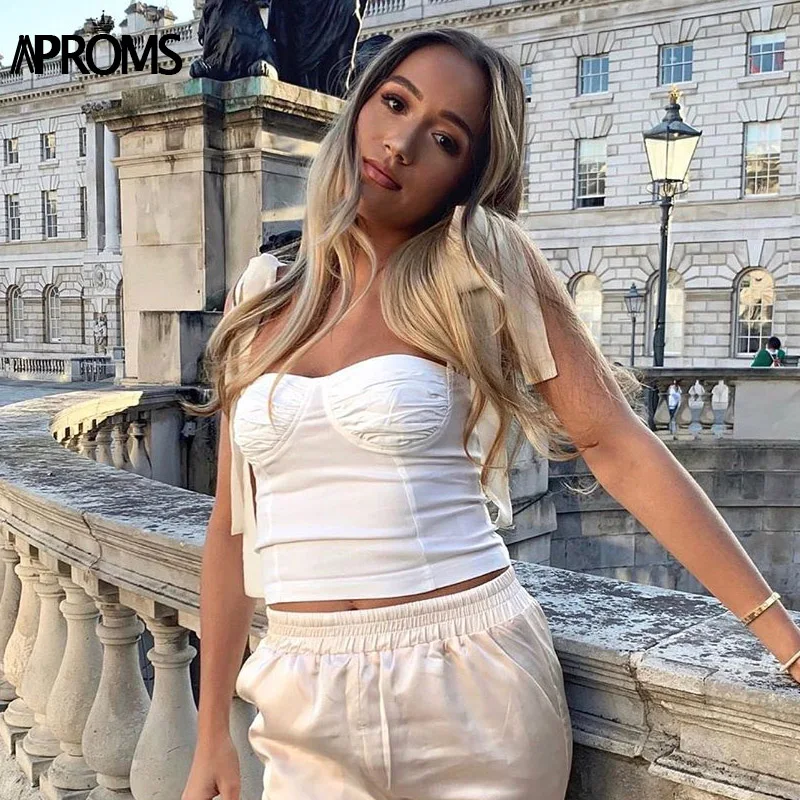 Aproms, элегантные женские топы на бретельках с бабочкой на плечах и рюшами, уличная мода, облегающие Топики, шикарный белый черный укороченный топ