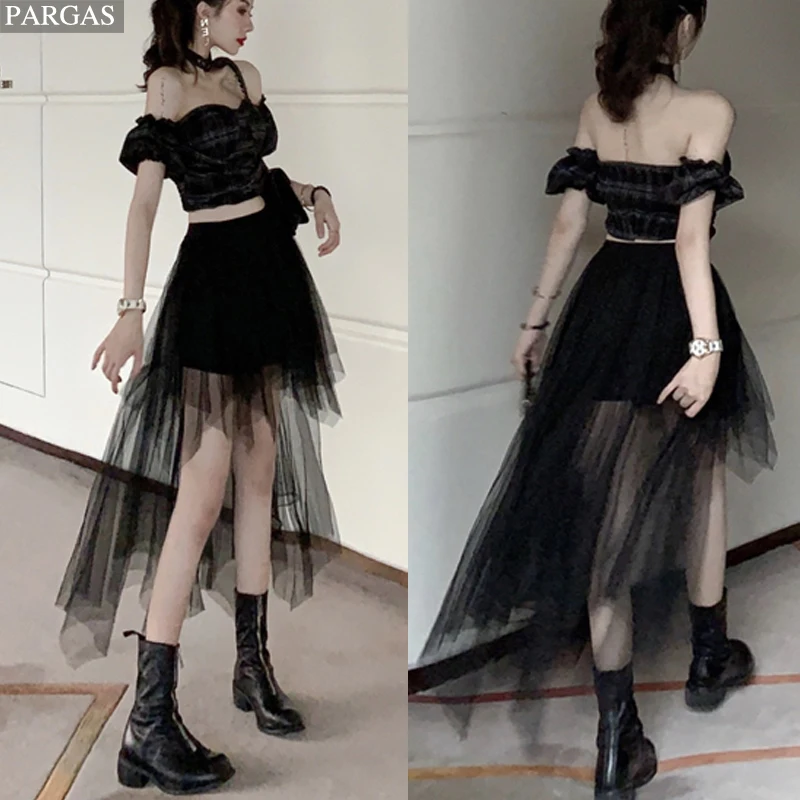 Женский Асимметричный комплект Goth Dark блузка в клетку с открытыми плечами +