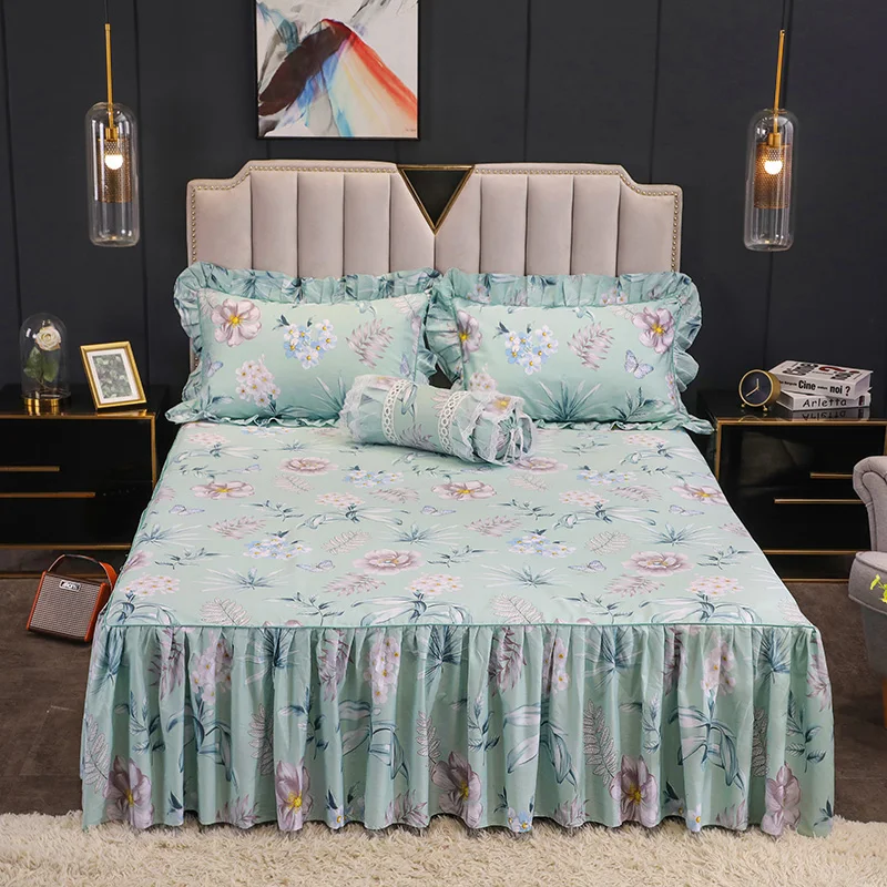 160X200cm 3/5Pieces 100%Cotton Ruffles Bed Skirt set with Pillow shams Vintage Flowers Leaves printed Bed sheet set Pillowcase