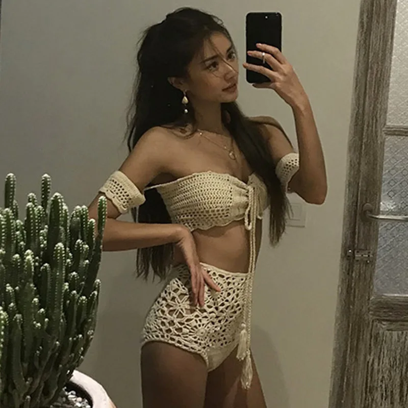 

South Korea New Style Small Bust Gathering Bikini Hollow out-Split Type High-waisted Belly Covering Slimming Knitted Swimsuit Wo