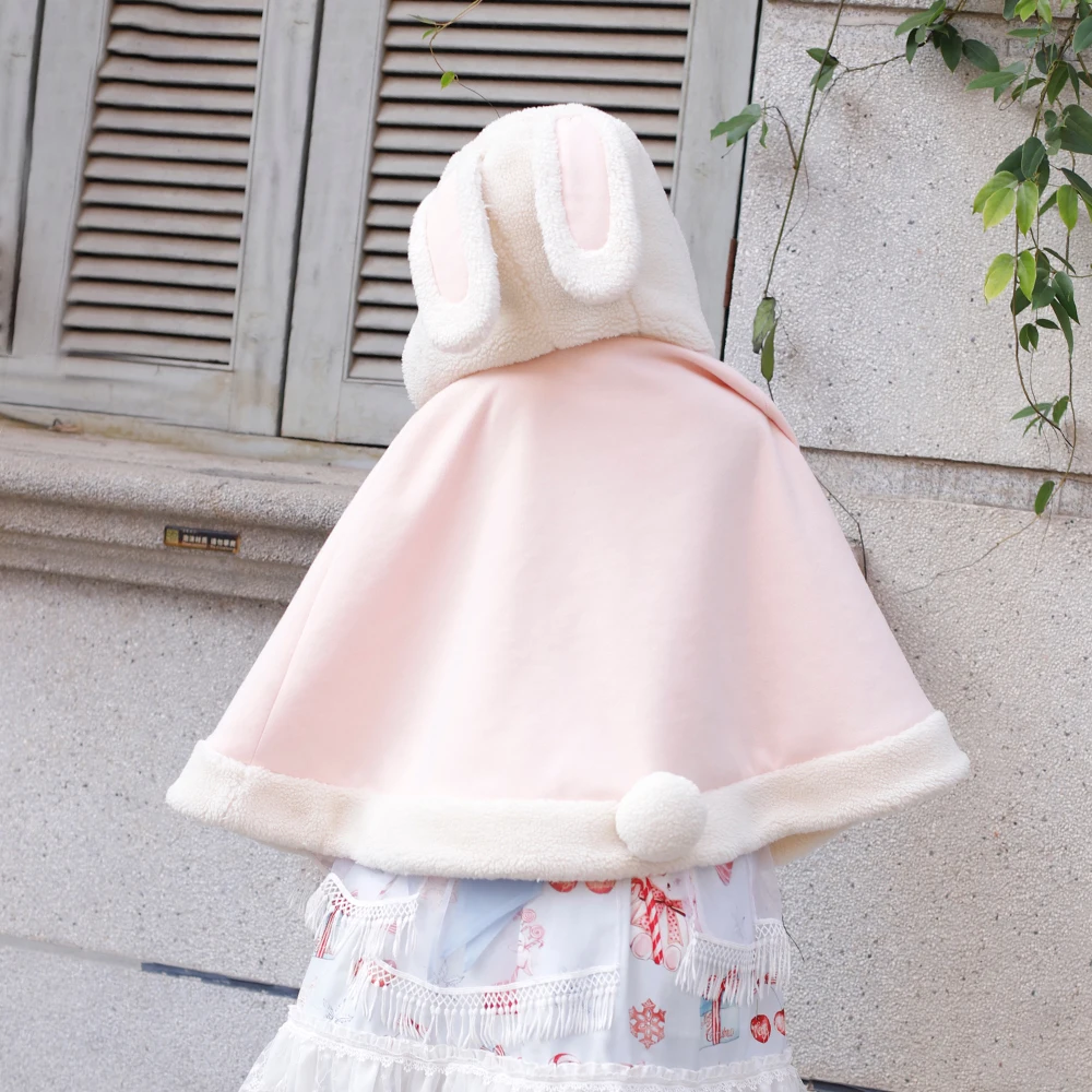 Melonshow Christmas Rabbit Cape Cloak Women Plus Size Pink Coat Tops Shawl Sleeveless Hooded Poncho Bow Hairball