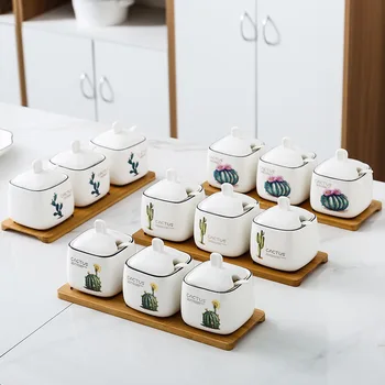 

Creative Nordic Cactus Pattern Ceramic Kitchen Seasoning Square Tank Set Salt Shaker Spice Jars with Tray Kitchen Accessories