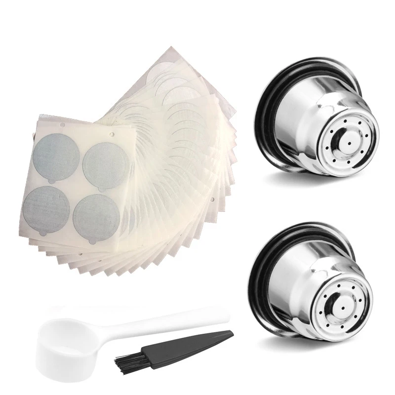 

Stainless Steel Coffee Capsule Pod Reusable Filter Capsule Brush+Spoon+ 100*Lids