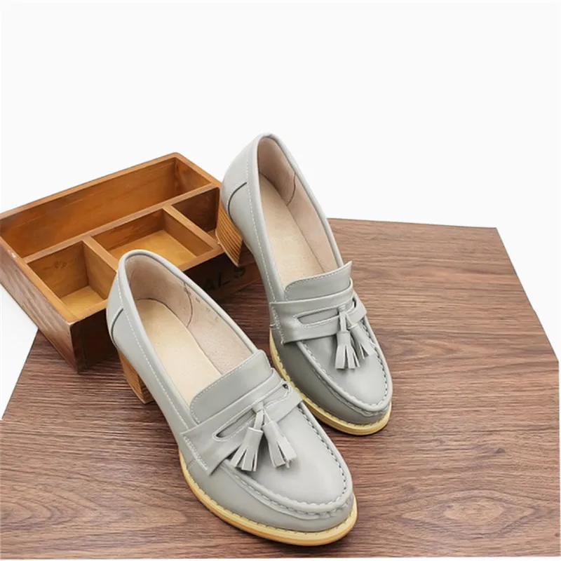 Loafer Pumps Shoes Women Vintage Genuine Leather Women's Shoes Brogues Thick High Heel British College Tassel Women Pumps Oxford (22)