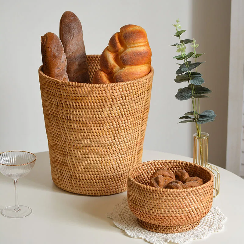 

Плетеная вручную корзина из ротанга, круглая корзина для хранения хлеба, фруктов, корзины для хранения, настольный органайзер для мелочей, корзина для растений