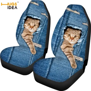 

HUGSIDEA Cowboy Cute Cat Wolf Car Seat Cover Jeans with Animal Print Seat Protector Bag for Car Cute Pet Pug Dog Car Seat Cover