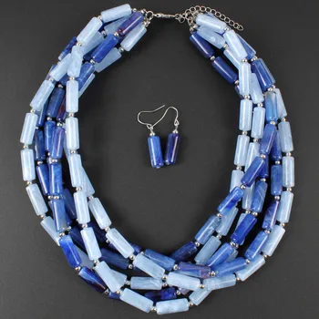 

2020 Fashion New Multilayer Cylindrical Choker Necklace Earrings for Women Ethnic Bohemian Boho Blue African Beads Jewelry Sets