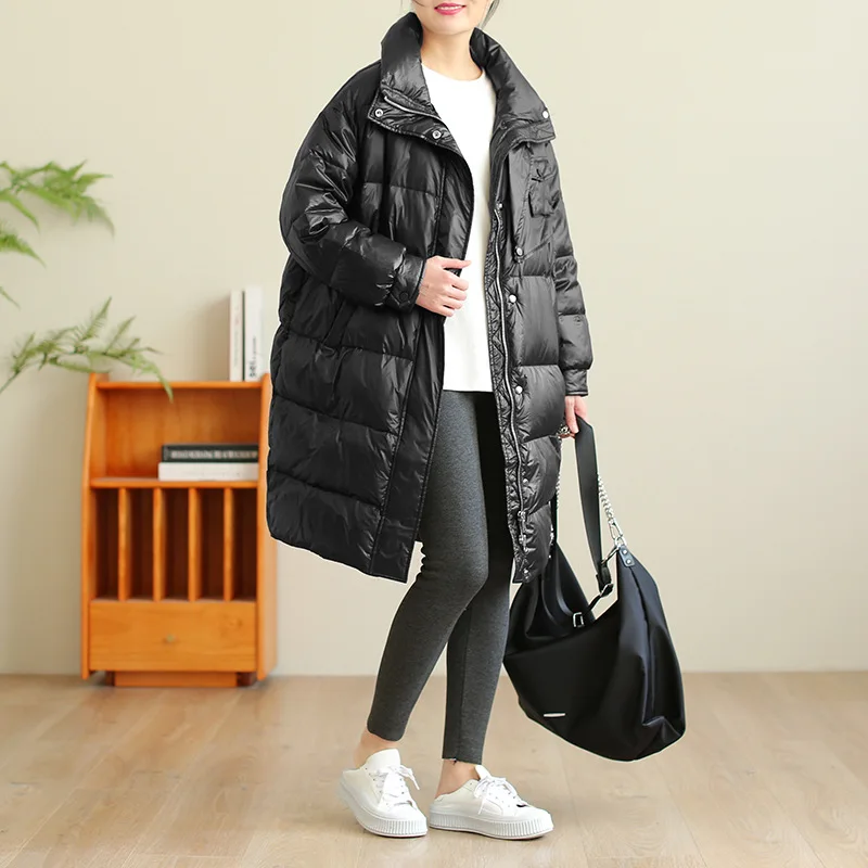 Glossy Mid-length White Duck Down Jacket Women's Loose and Versatile Warm Jacket for Winter 2021