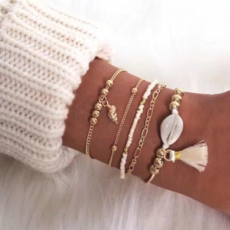 

XIYANIKE 5Pcs/Set Bohemia Natural Shell Tassel Bracelets Set Beads Chain Wrist Bracelets For Women Gold Conch Charm Bangles