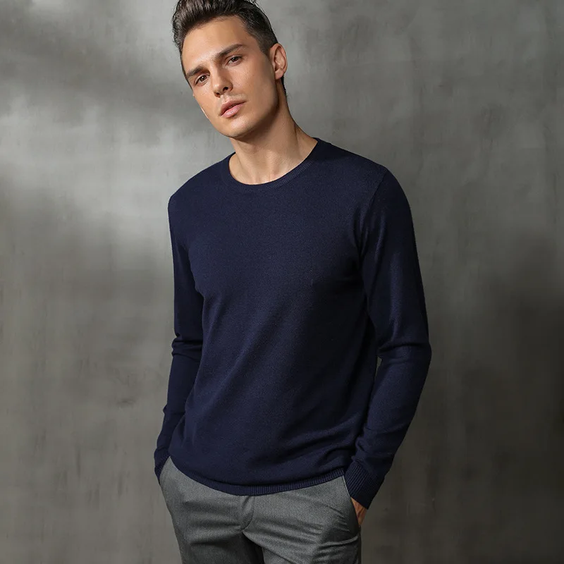 Кашемировый базовый Мужской свитер, осень, трикотажное платье-свитер, hombre pull homme hiver, однотонный пуловер, мужской тонкий вязаный свитер с круглым вырезом - Цвет: Тёмно-синий