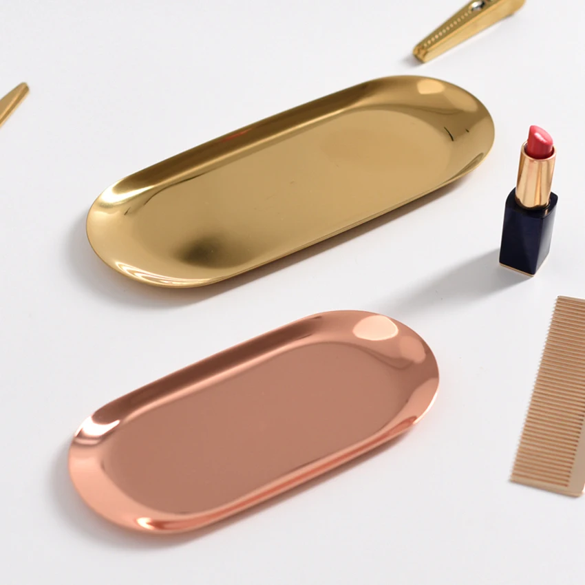 Rosegold Tray Metal Kitchen Storage Tray Chic Brass Oval Plate Food Fruit Charge Plates Jewelry Display Home Decor 1pc
