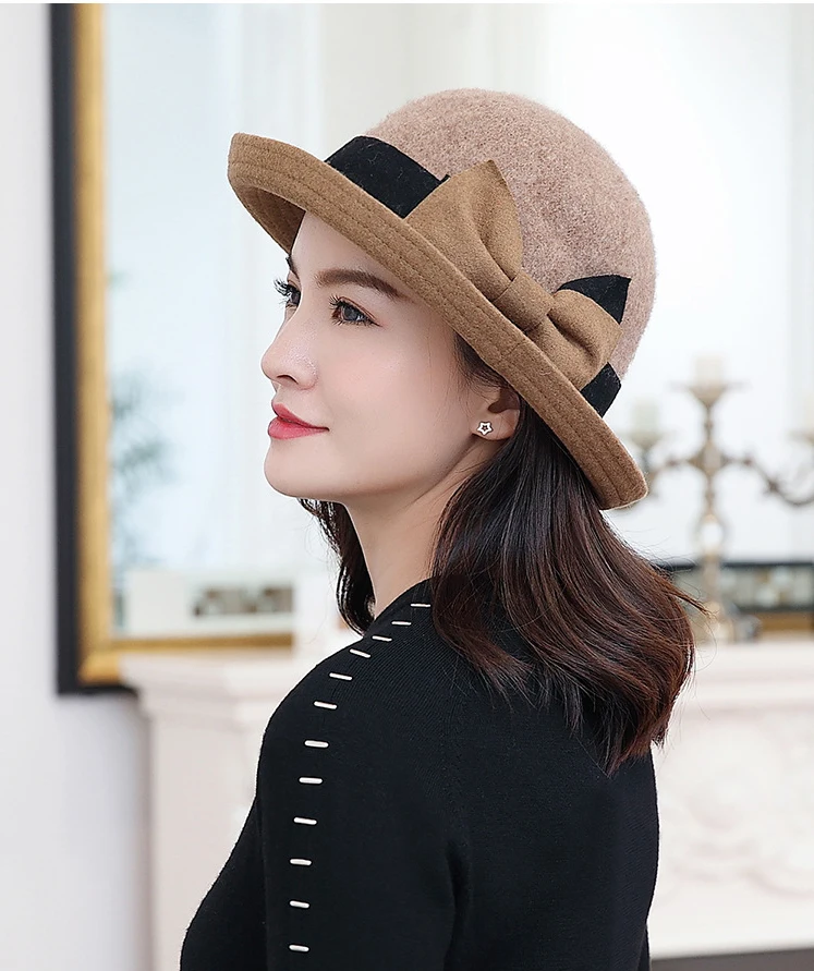 FS Fashion Gray Purple Women Wool Felt Bucket Hats Vintage Ladies Cloche Derby Bowler Cap with Bowknot Elegant Autumn Winter