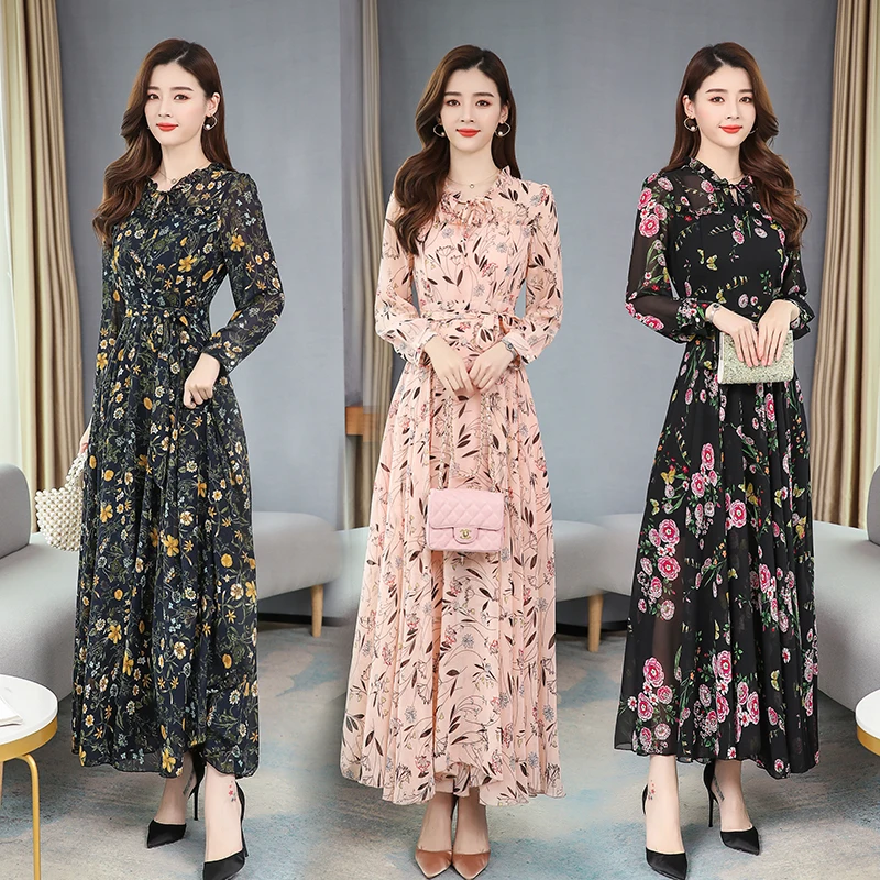 Women's Long Sleeve Broken Flower Print Chiffon Dress - Party and Casual Pink Dresses image 6