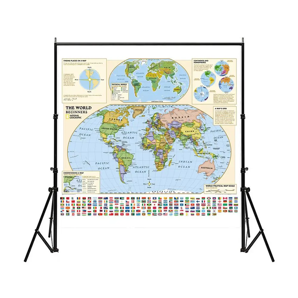 

150x150cm Non-woven World Map Suitable For Beginners With Flags And World Political Map Scale