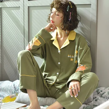 

Pajamas Woman Autumn Knitting In Cotton Green Cardigan Lapel Hit Color Lovely Cartoon Long Sleeve Home Furnishing Serve Suit