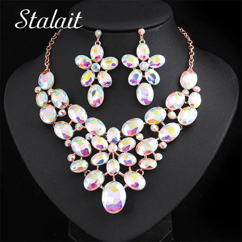 

2PCS Cute Hollow Flower Gold Jewelry Set Necklace Earrings Clear Oval Crystal Luxury Costumer Accessories For Women