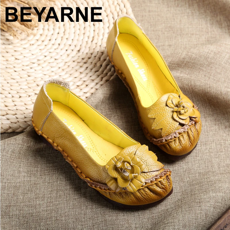 

BEYARNE2019 New Genuine Leather Retro Round Toe Shallow Appliques Flower Soft Sole Handmade Comfortable Women Shoes PumpsE867