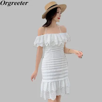 

Holiday White Mermaid Lace Dress Women 2020 Runway Design Sexy Off the shoulder Embroidery Ruffles Patchwork Dress Club Dress