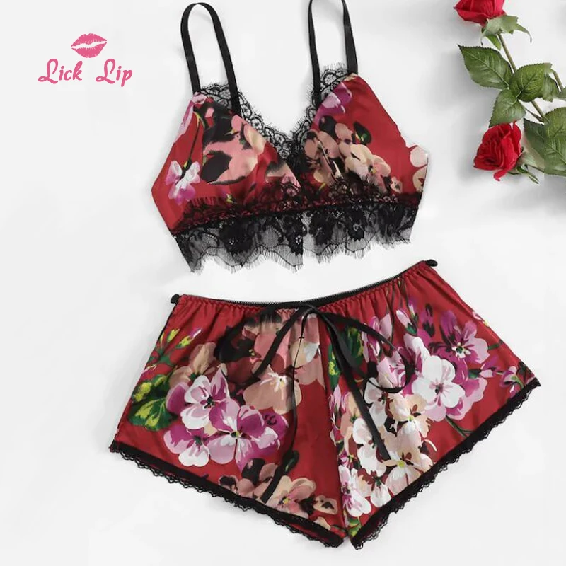 Lick Lip Large Size 2XL XL Printed Sling Lace Women Pajamas Set V-Neck Shorts Sleepwear Sexy Leisure Home Clothes SWD10543-3